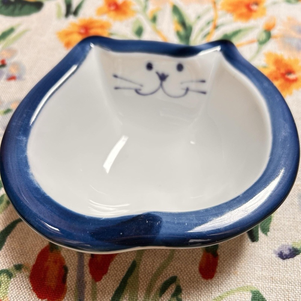 VTG 90s Takahashi San Francisco Ceramic Blue Fat Chubby Happy Cat Food Bowl Dish